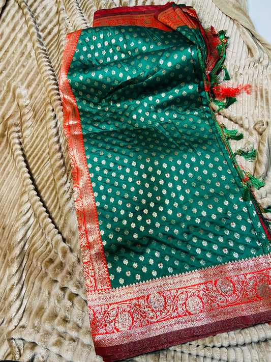 Banarsi Silk Saree Red & Green color Combo Saroj the label