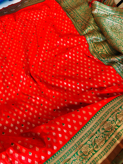 Banarsi Silk sare with great Combo of Red and Green Saroj the label