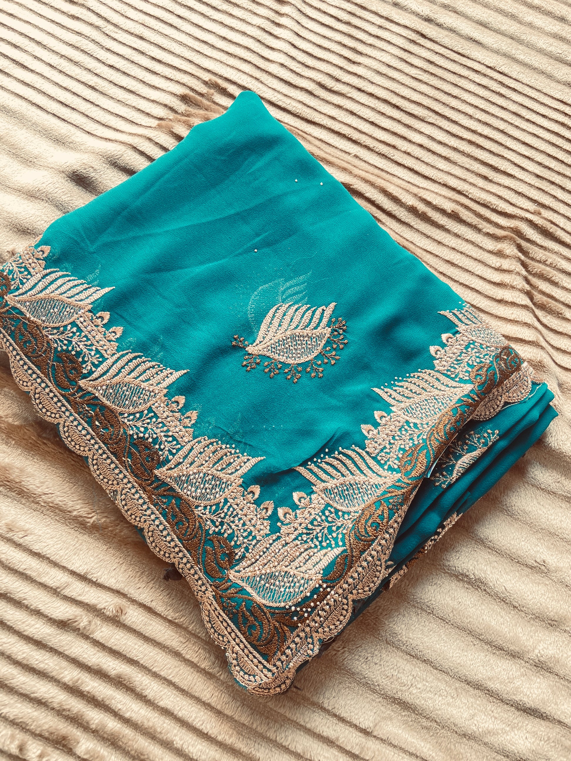 Dark Turquoise :: Georgette :: With Zari and stone work Saroj the label