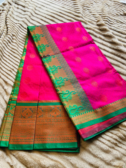 Trisha silk sare from yeola with the combination of Pink and Green Saroj the label