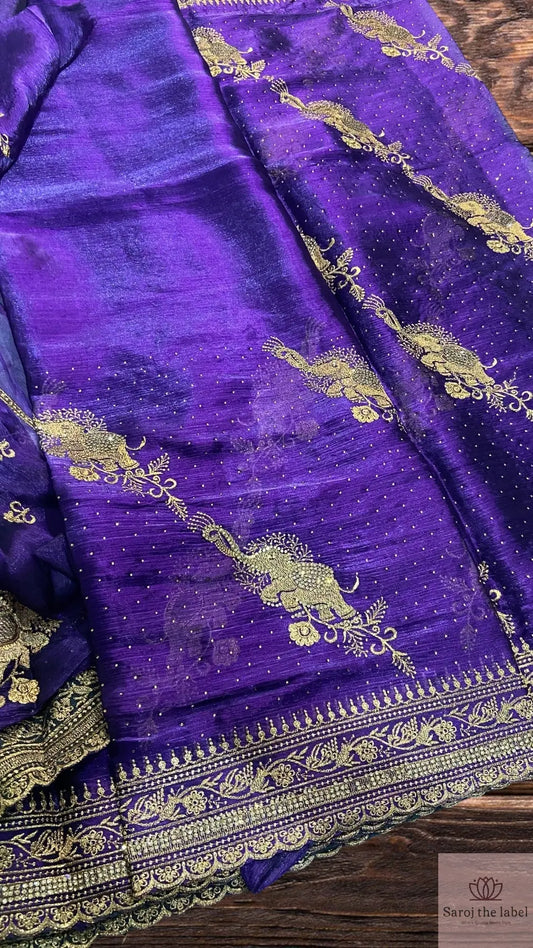 Hathi Stonework Saree in Trendy Purple and Green - Perfect for Festive and Wedding Season Saroj the label