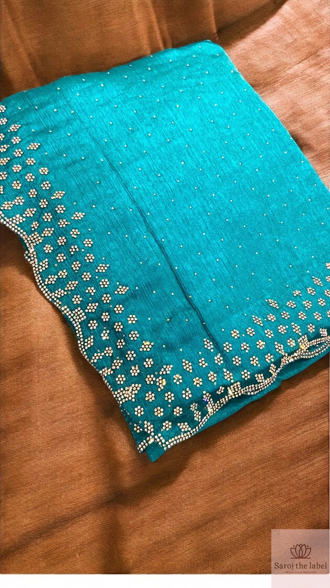 Royal Fendi Fabric Saree with Golden Stone Embellishments Saroj the label