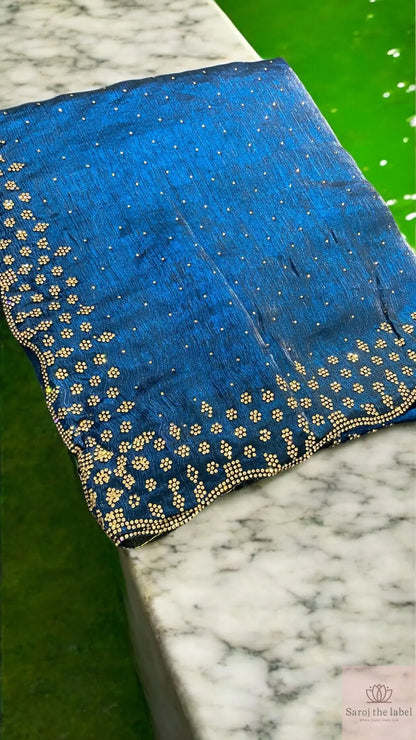 Royal Fendi Fabric Saree with Golden Stone Embellishments Saroj the label