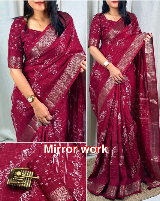 Mangaliya Soft Cotton Printed Saree with Mirror Work Saroj the label