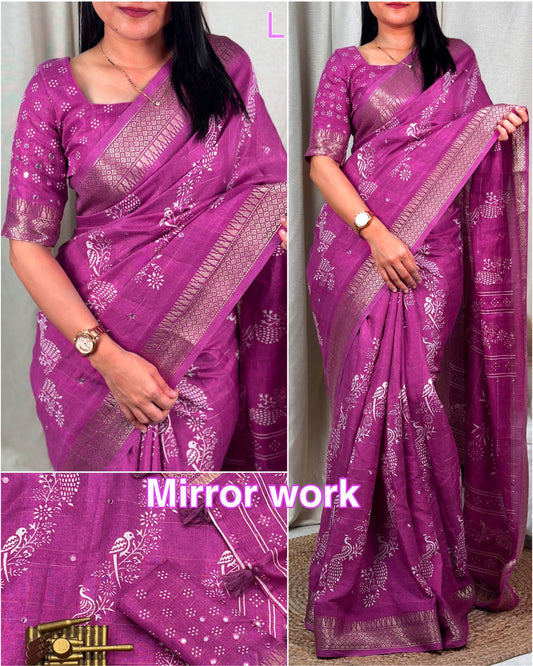 Mangaliya Soft Cotton Printed Saree with Mirror Work Saroj the label