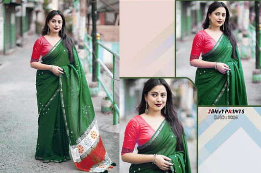 Vishwas Bandhani cotton Saree With Printed Pallu and contrasting blouse Saroj the label