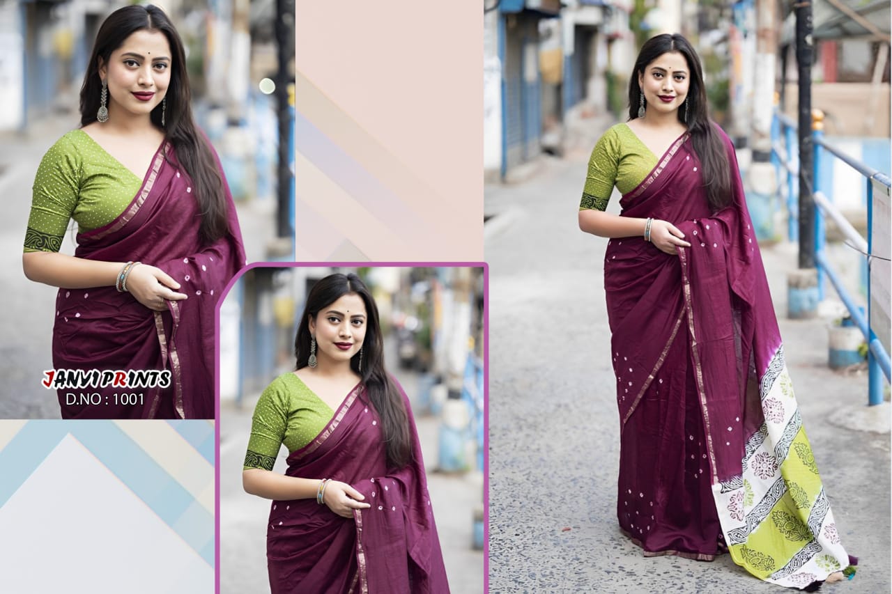 Vishwas Bandhani Cotton Saree with printed Pallu and contrast blouse Saroj the label