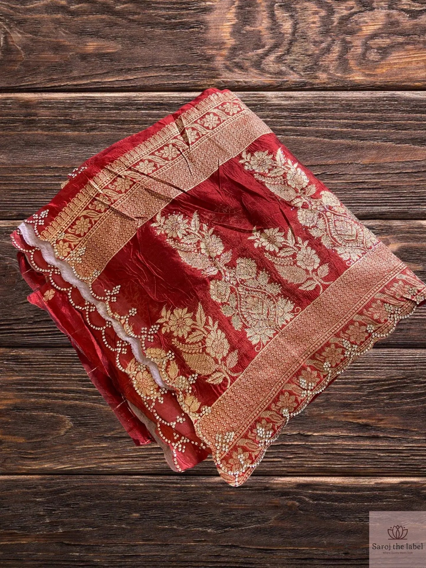 Zari Work Cotton Mix Silk Saree with cut work and stonework on border Saroj the label