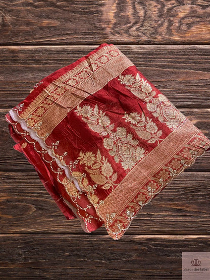 Zari Work Cotton Mix Silk Saree with cut work and stonework on border Saroj the label